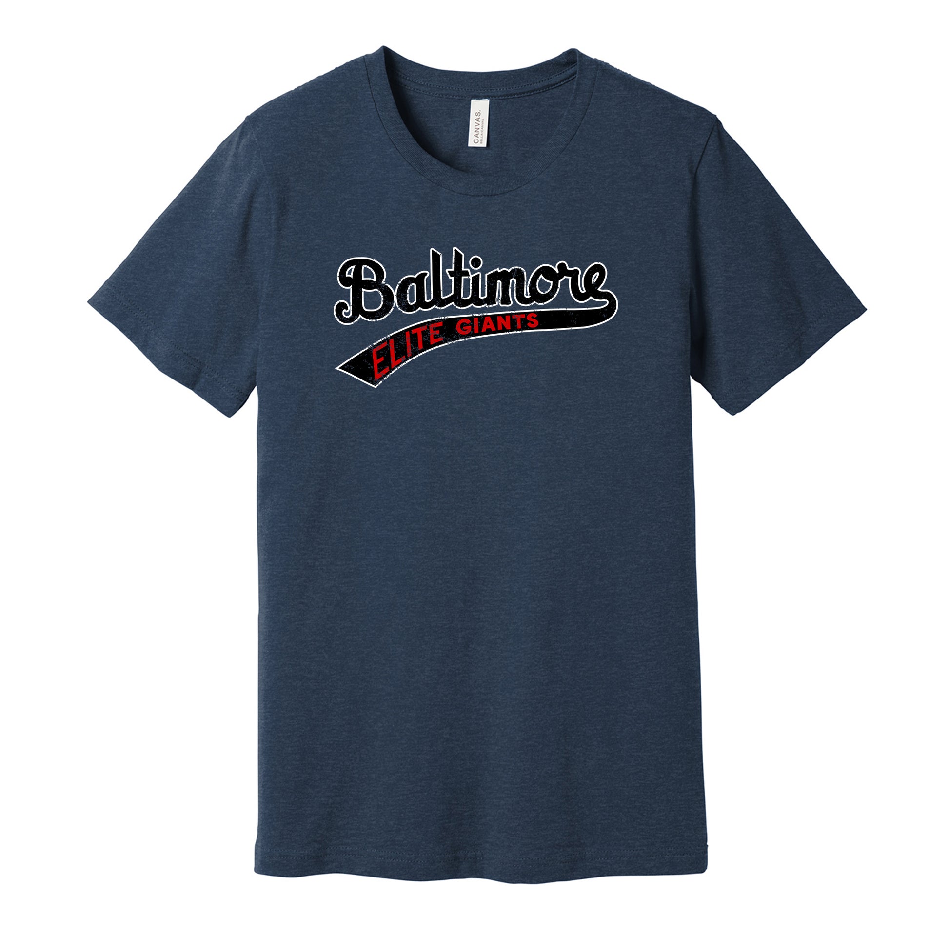 Baltimore Elite Giants vintage distressed logo navy t-shirt featuring the classic Negro League baseball team logo in a retro worn style by Hyper Than Hype Shirts.