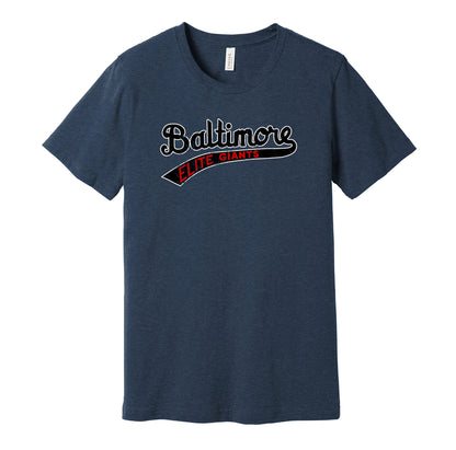 Baltimore Elite Giants vintage distressed logo navy t-shirt featuring the classic Negro League baseball team logo in a retro worn style by Hyper Than Hype Shirts.