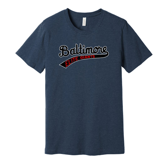 Baltimore Elite Giants vintage distressed logo navy t-shirt featuring the classic Negro League baseball team logo in a retro worn style by Hyper Than Hype Shirts.