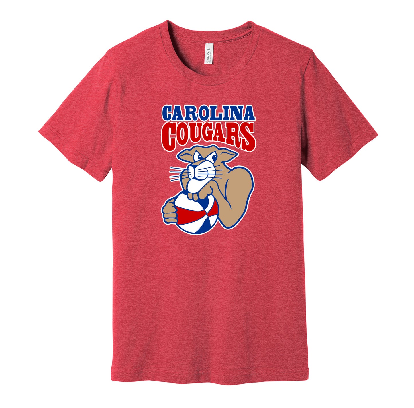 Carolina Cougars vintage distressed logo red t-shirt featuring the classic ABA basketball team logo in a retro worn style by Hyper Than Hype Shirts.