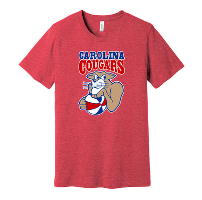 Carolina Cougars vintage distressed logo red t-shirt featuring the classic ABA basketball team logo in a retro worn style by Hyper Than Hype Shirts.