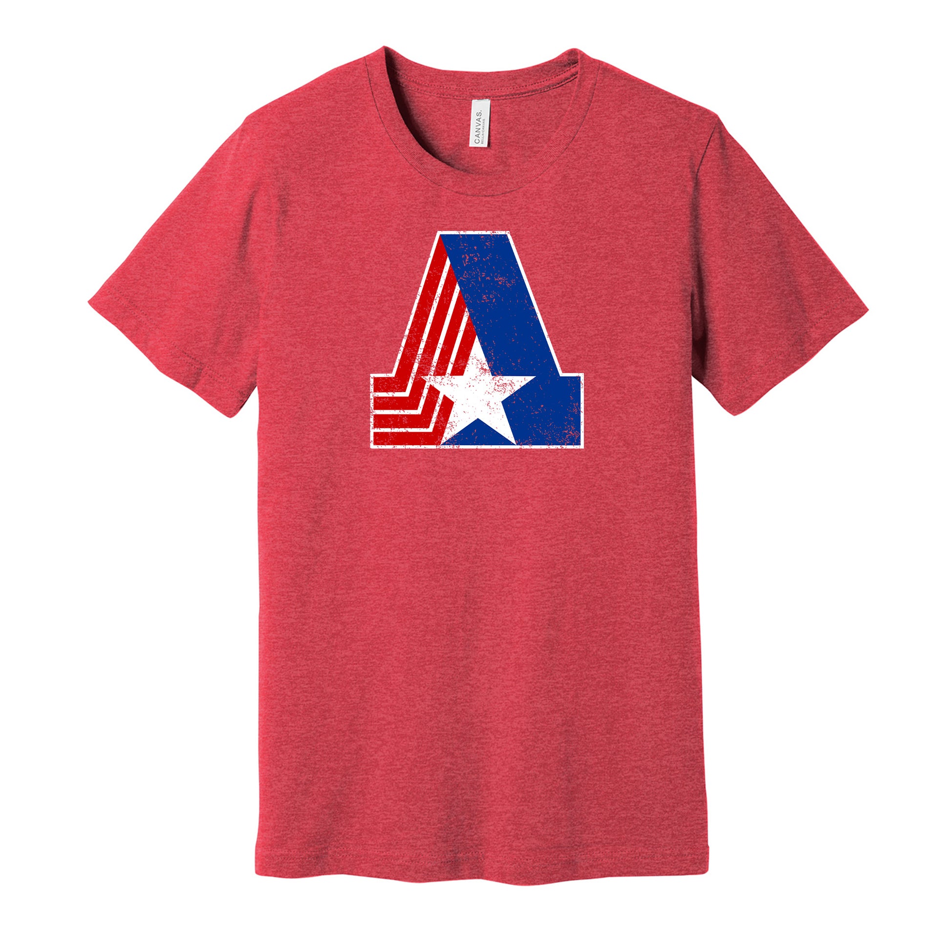 Birmingham Americans vintage distressed logo red t-shirt featuring the classic 1970s WFL football team logo in a retro worn style by Hyper Than Hype Shirts.