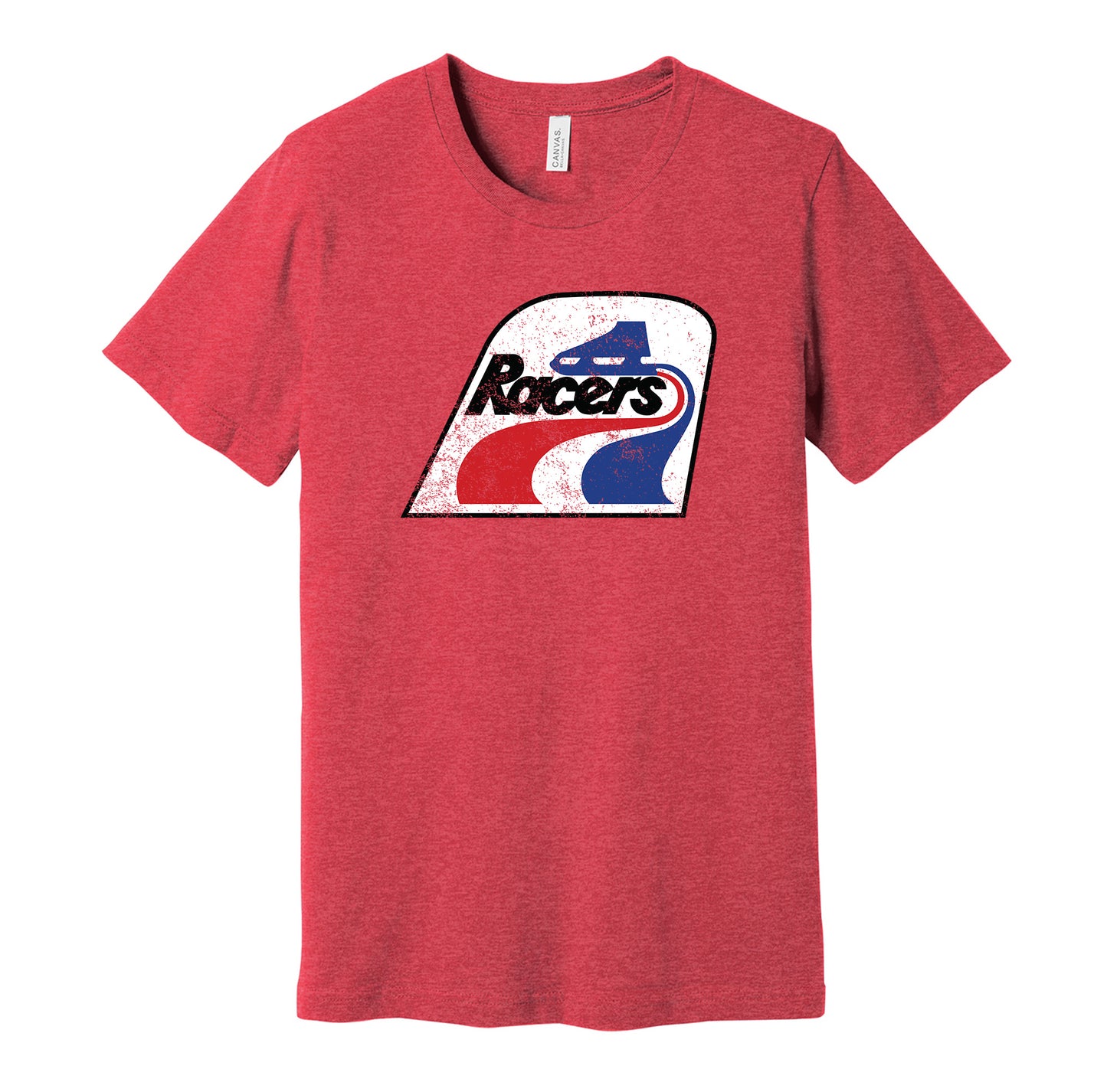 Indianapolis Racers vintage distressed logo red t-shirt featuring the classic 1970s WHA hockey team logo in a retro worn style by Hyper Than Hype Shirts.