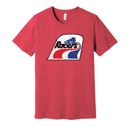 Indianapolis Racers vintage distressed logo red t-shirt featuring the classic 1970s WHA hockey team logo in a retro worn style by Hyper Than Hype Shirts.