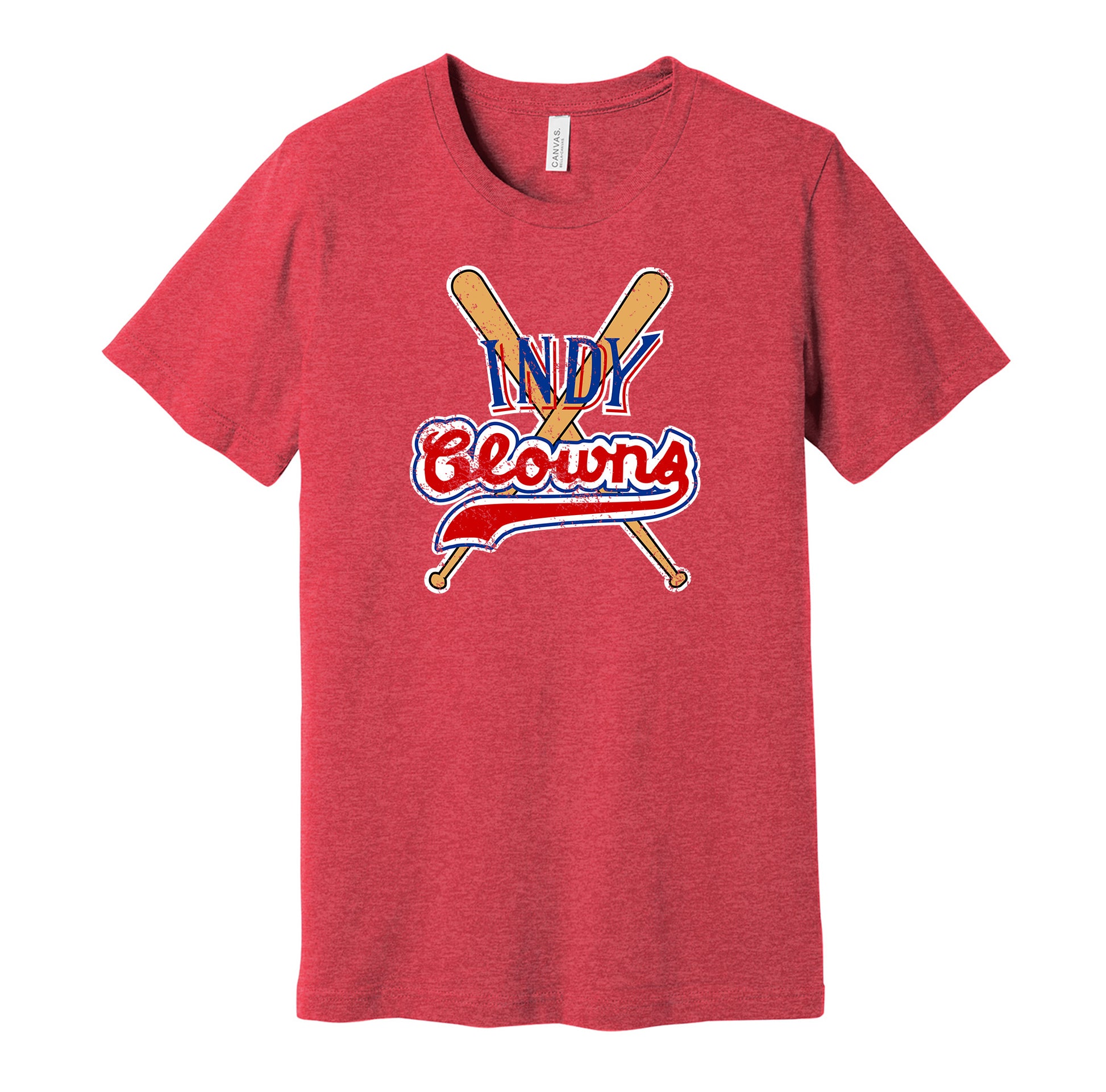 Indianapolis Clowns vintage distressed logo red t-shirt featuring the classic Negro League baseball team logo in a retro worn style by Hyper Than Hype Shirts.