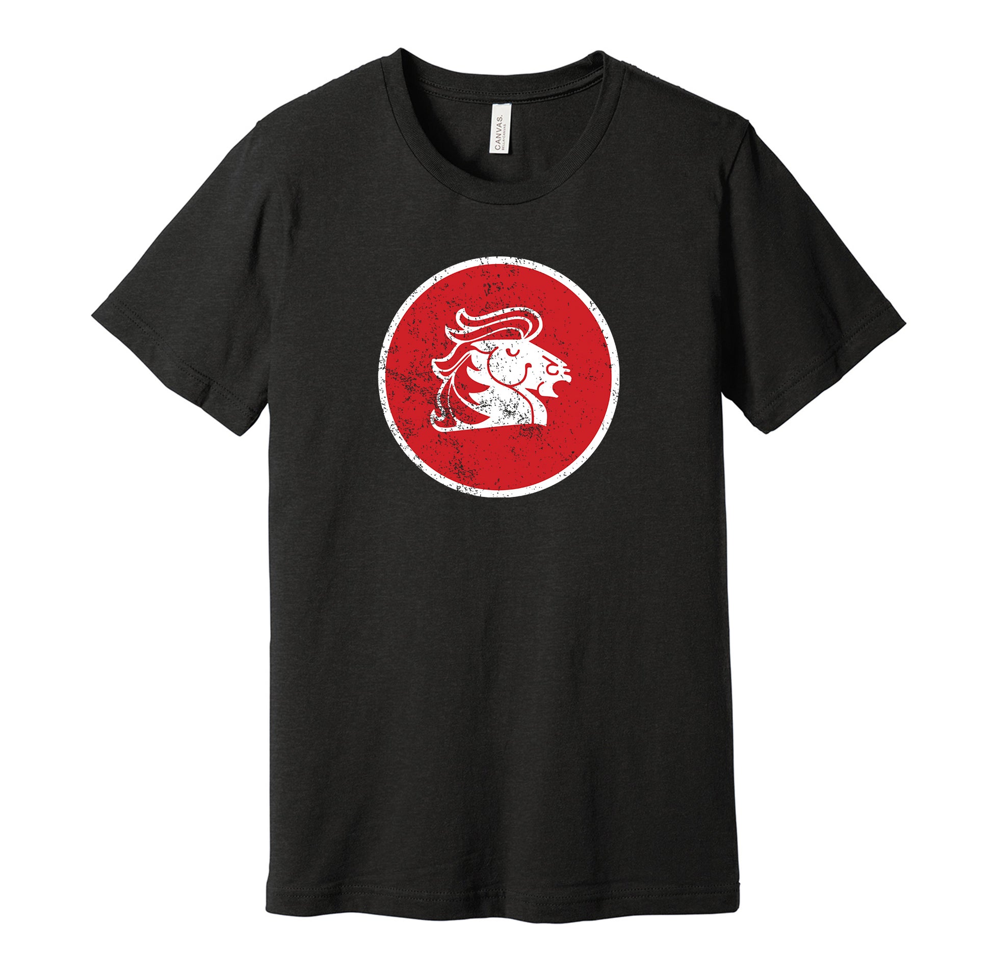 Calgary Broncos vintage distressed logo black t-shirt featuring the classic 1970s WHA hockey team logo in a retro worn style by Hyper Than Hype Shirts.