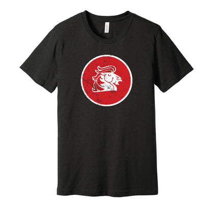 Calgary Broncos vintage distressed logo black t-shirt featuring the classic 1970s WHA hockey team logo in a retro worn style by Hyper Than Hype Shirts.