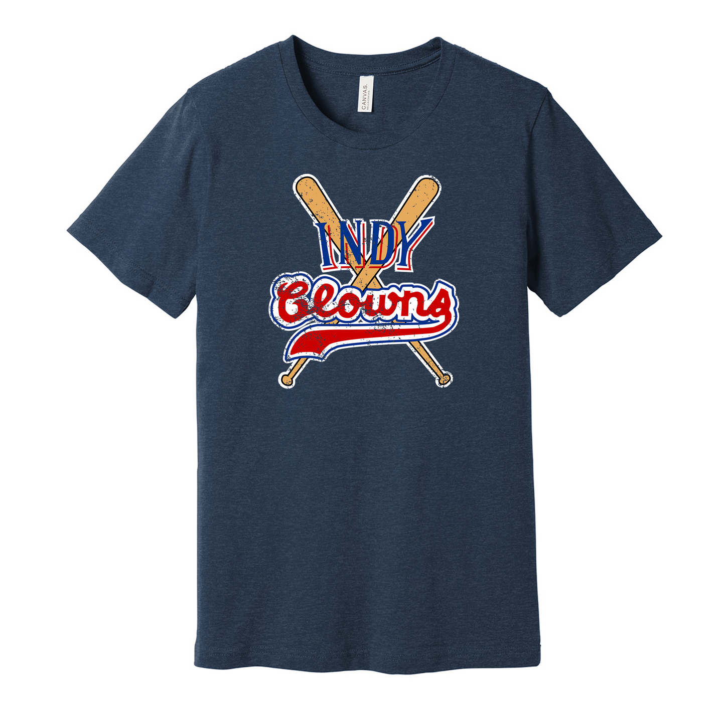 Indianapolis Clowns vintage distressed logo navy t-shirt featuring the classic Negro League baseball team logo in a retro worn style by Hyper Than Hype Shirts.