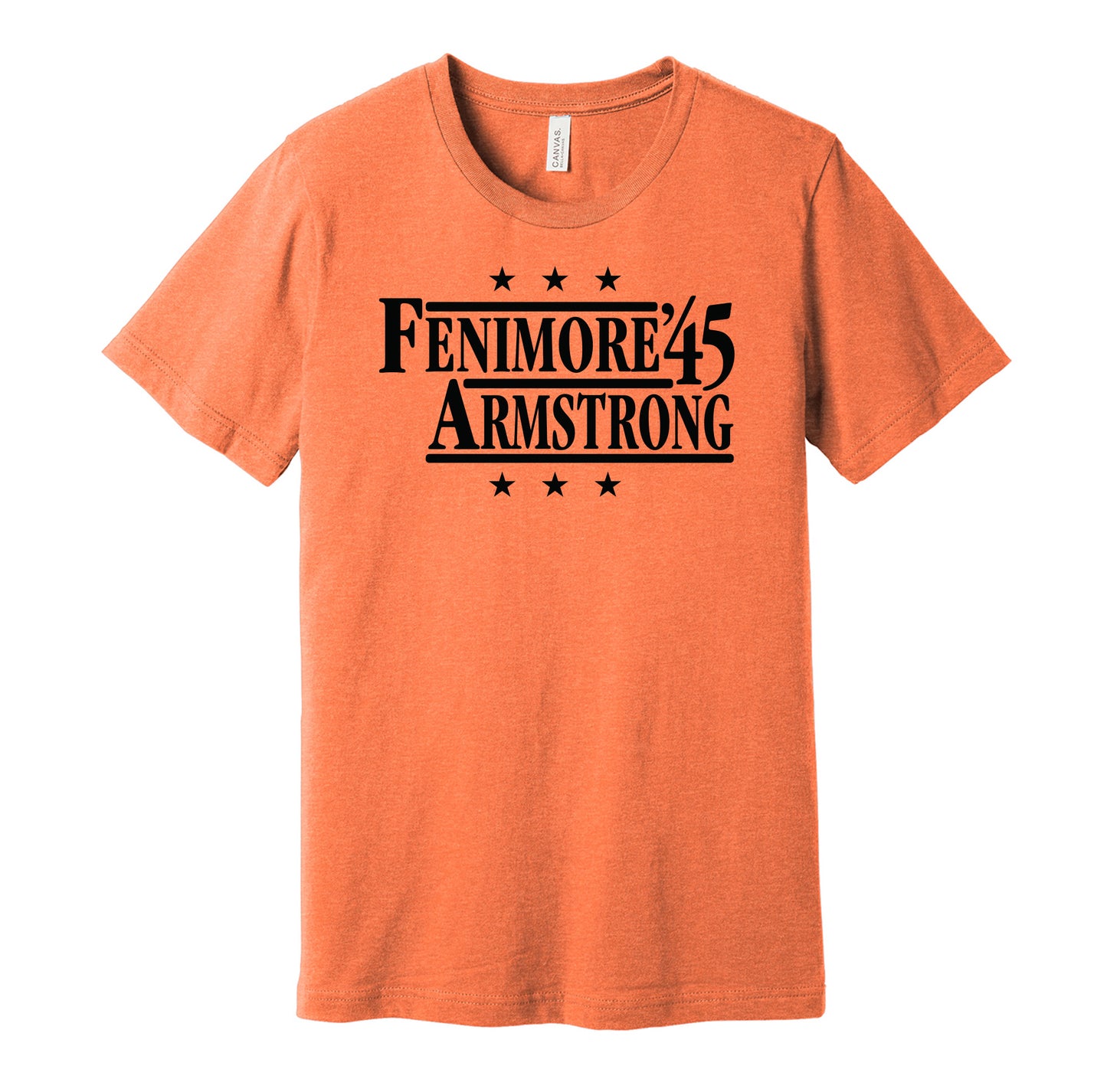 Oklahoma State Cowboys retro political campaign parody orange t-shirt featuring Bob Fenimore and Neill Armstrong '45, designed in a vintage election style by Hyper Than Hype Shirts.