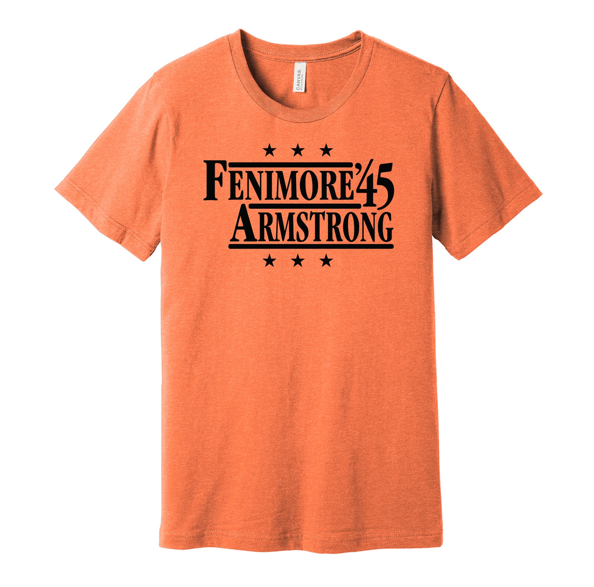Oklahoma State Cowboys retro political campaign parody orange t-shirt featuring Bob Fenimore and Neill Armstrong '45, designed in a vintage election style by Hyper Than Hype Shirts.