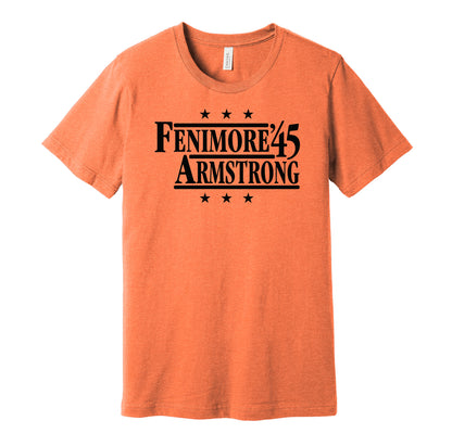 Oklahoma State Cowboys retro political campaign parody orange t-shirt featuring Bob Fenimore and Neill Armstrong '45, designed in a vintage election style by Hyper Than Hype Shirts.