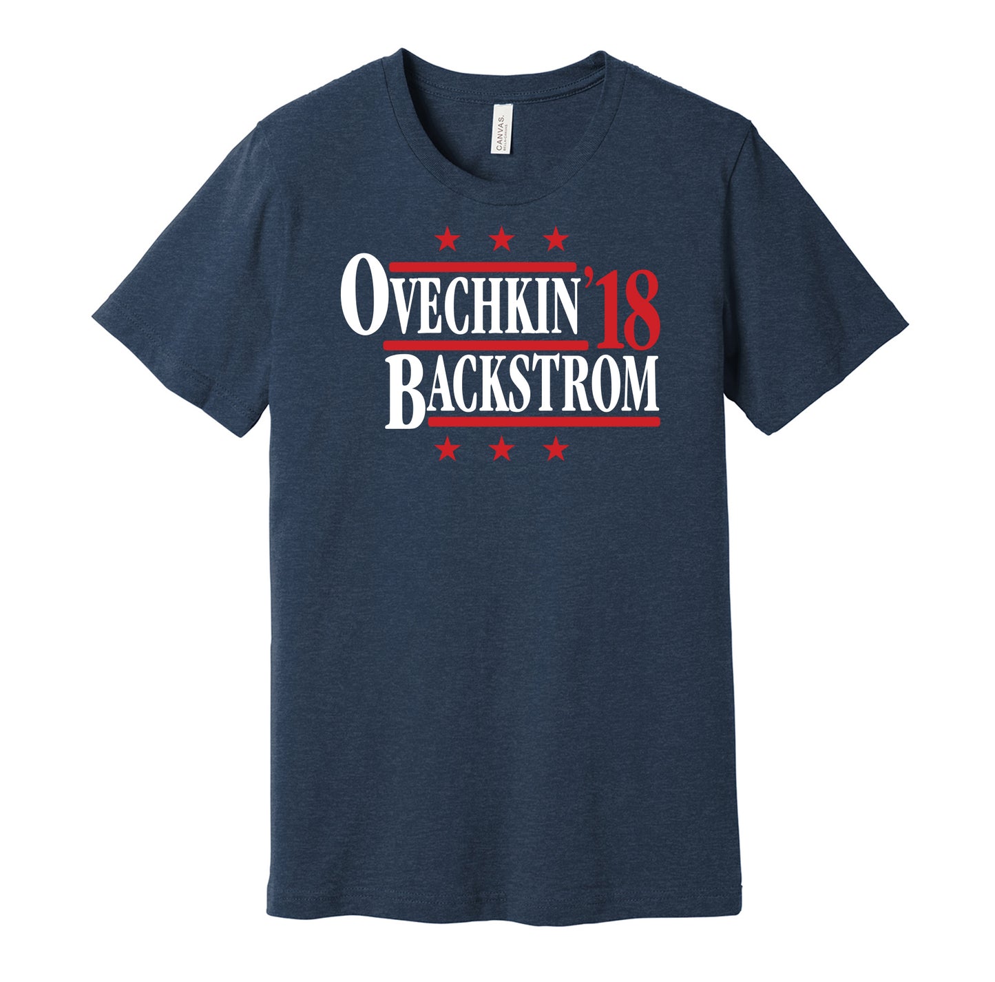 Washington Capitals retro political campaign parody navy t-shirt featuring Alex Ovechkin and Nicklas Backstrom '18, designed in a vintage election style by Hyper Than Hype Shirts.