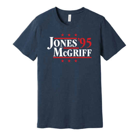 Atlanta Braves retro political campaign parody blue t-shirt featuring Chipper Jones and Fred McGriff '95, designed in a vintage election style by Hyper Than Hype Shirts.