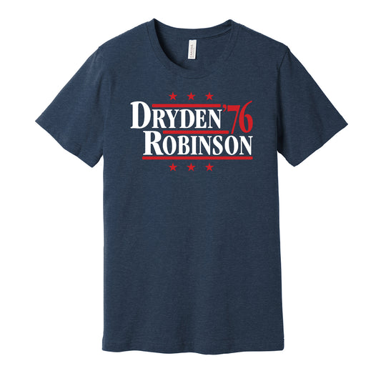 Montreal Canadiens retro political campaign parody navy t-shirt featuring Ken Dryden and Larry Robinson '76, designed in a vintage election style by Hyper Than Hype Shirts.