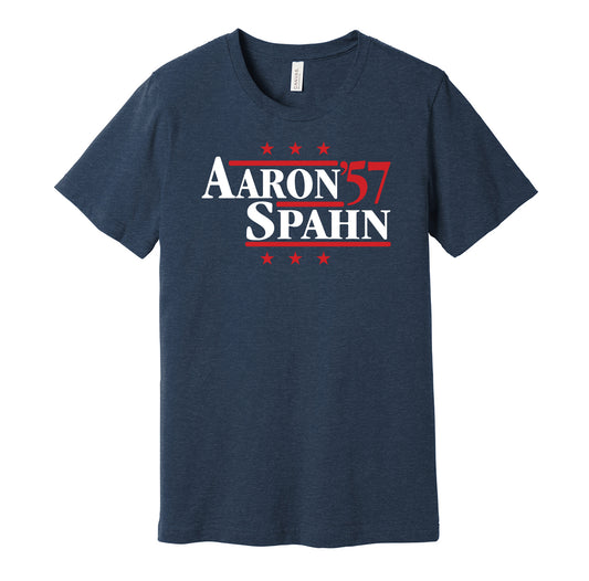 Atlanta Braves retro political campaign parody navy t-shirt featuring Hank Aaron and Warren Spahn '57, designed in a vintage election style by Hyper Than Hype Shirts.