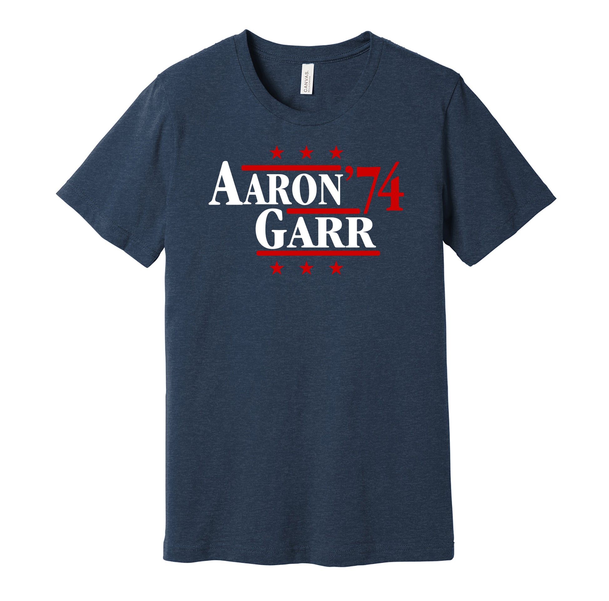 Atlanta Braves retro political campaign parody navy t-shirt featuring Hank Aaron and Ralph Garr '74, designed in a vintage election style by Hyper Than Hype Shirts.