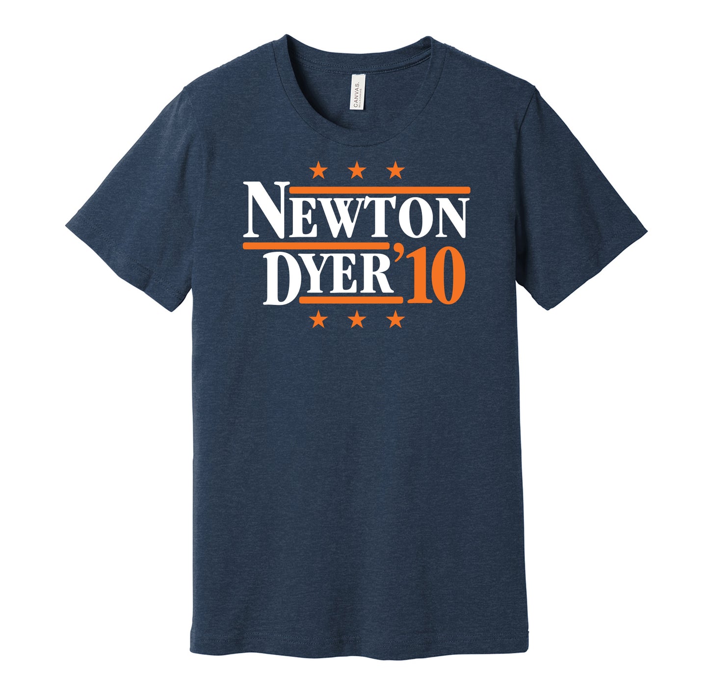 Auburn Tigers retro political campaign parody navy t-shirt featuring Cam Newton and Michael Dyer '10, designed in a vintage election style by Hyper Than Hype Shirts.