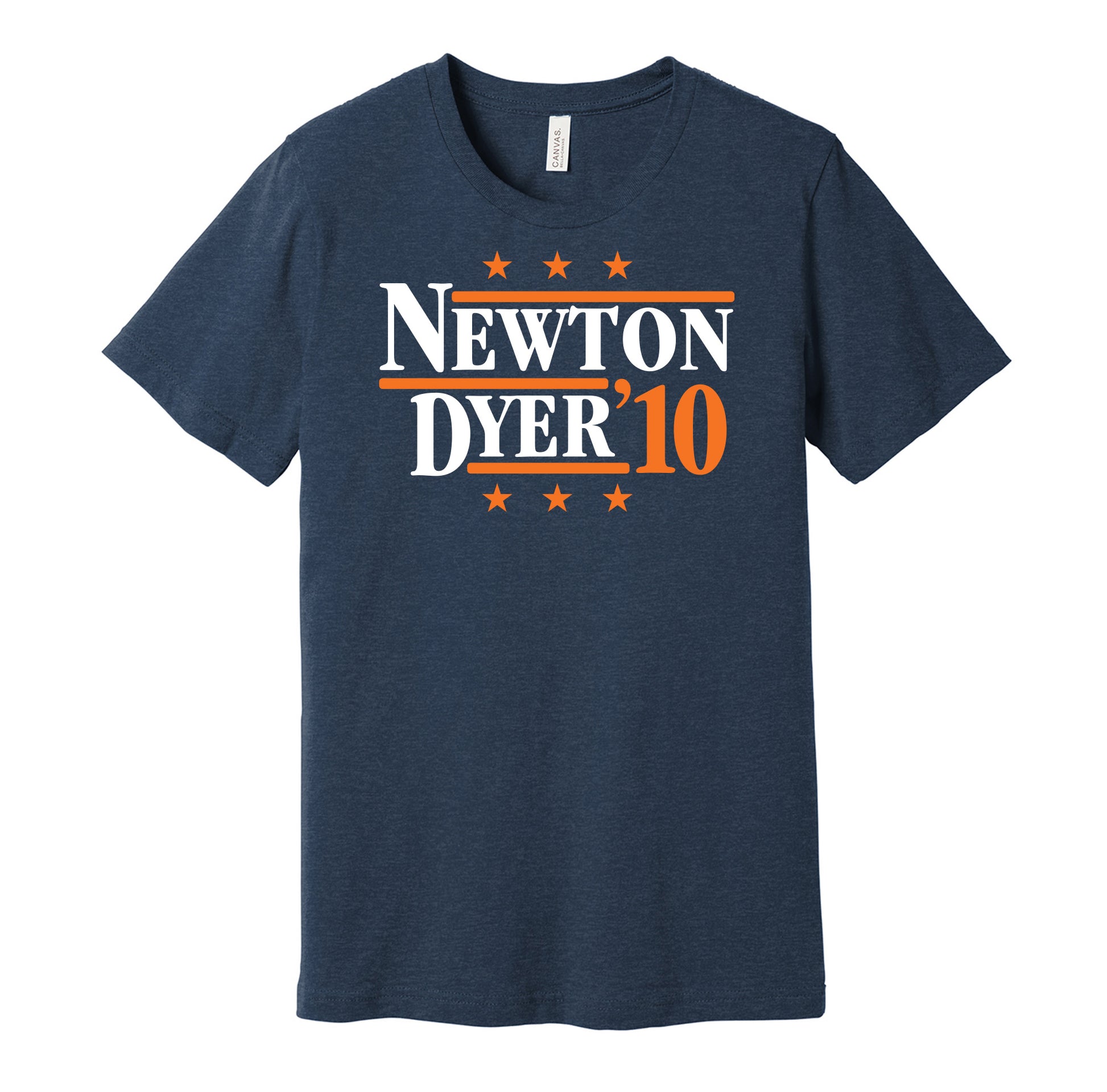 Auburn Tigers retro political campaign parody navy t-shirt featuring Cam Newton and Michael Dyer '10, designed in a vintage election style by Hyper Than Hype Shirts.