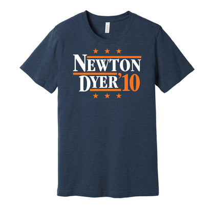 Auburn Tigers retro political campaign parody navy t-shirt featuring Cam Newton and Michael Dyer '10, designed in a vintage election style by Hyper Than Hype Shirts.
