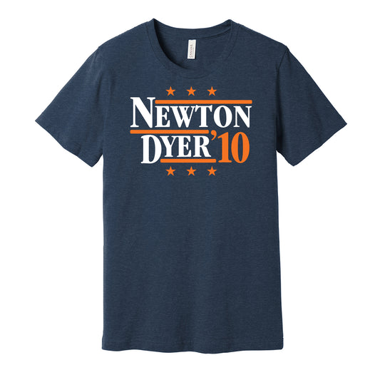 Auburn Tigers retro political campaign parody navy t-shirt featuring Cam Newton and Michael Dyer '10, designed in a vintage election style by Hyper Than Hype Shirts.