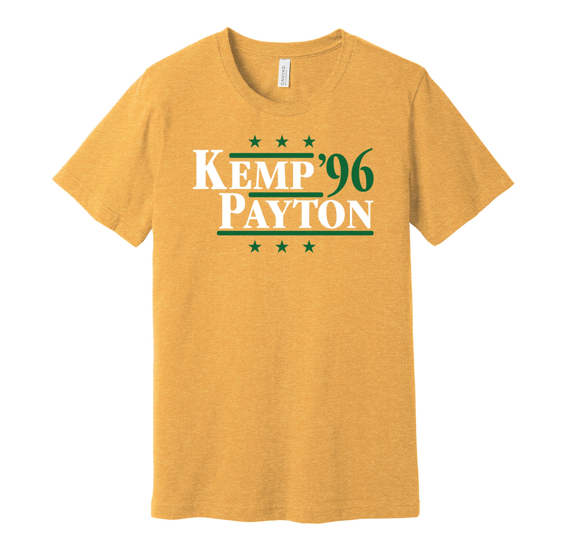 Seattle SuperSonics retro political campaign parody gold t-shirt featuring Shawn Kemp and Gary Payton '96, designed in a vintage election style by Hyper Than Hype Shirts.