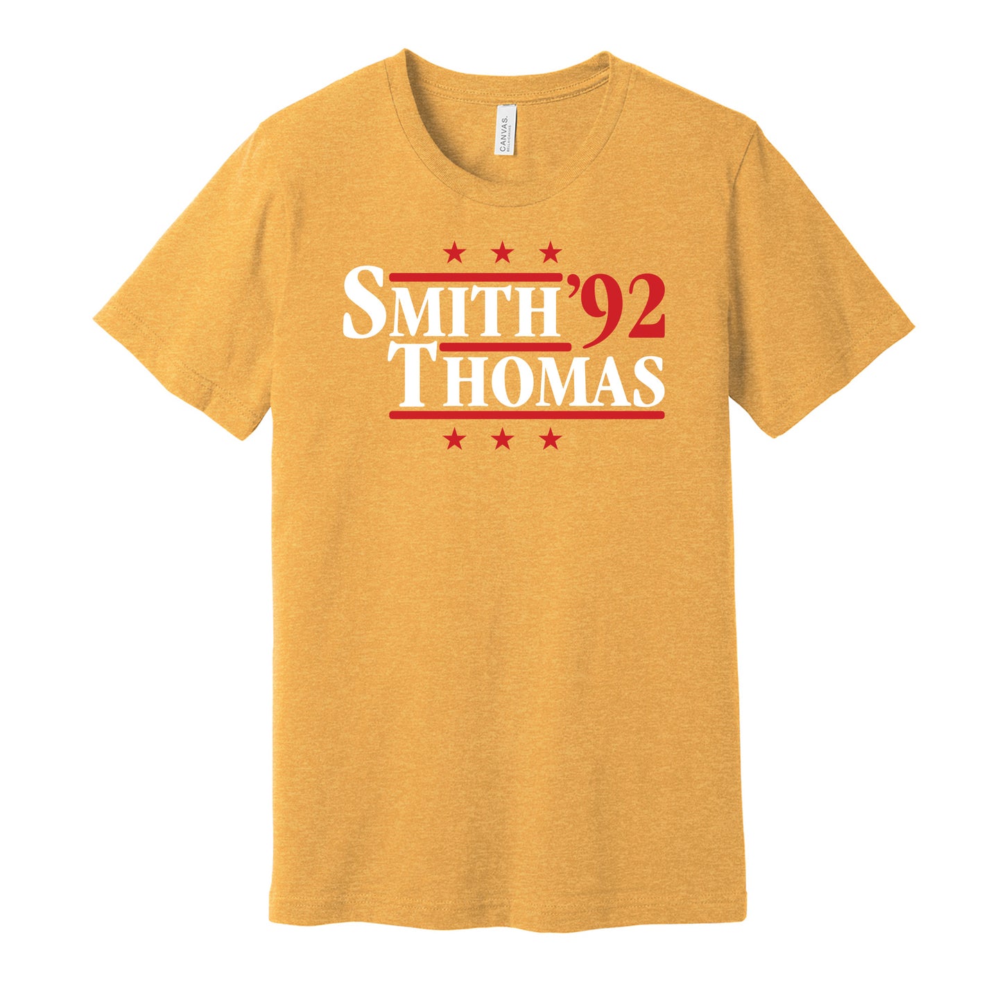 Kansas City Chiefs retro political campaign parody gold t-shirt featuring Neil Smith and Derrick Thomas '92, designed in a vintage election style by Hyper Than Hype Shirts.