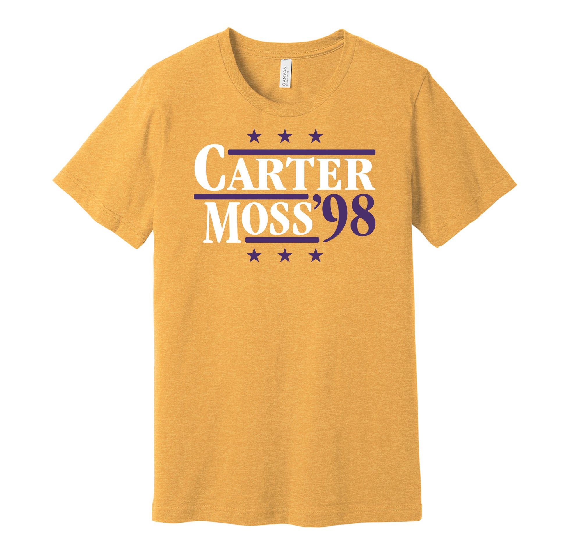 Minnesota Vikings retro political campaign parody gold t-shirt featuring Cris Carter and Randy Moss '98, designed in a vintage election style by Hyper Than Hype Shirts.