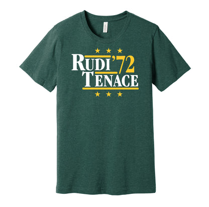 Oakland Athletics retro political campaign parody green t-shirt featuring Joe Rudi and Gene Tenace '72, designed in a vintage election style by Hyper Than Hype Shirts.