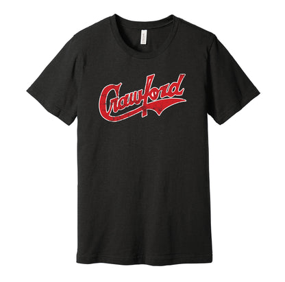 Pittsburgh Crawfords vintage distressed logo black t-shirt featuring the classic Negro League baseball team logo in a retro worn style by Hyper Than Hype Shirts.