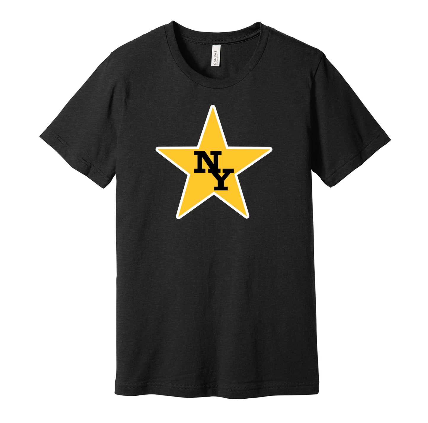 New York Stars vintage distressed logo black t-shirt featuring the classic 1970s WFL football team logo in a retro worn style by Hyper Than Hype Shirts.