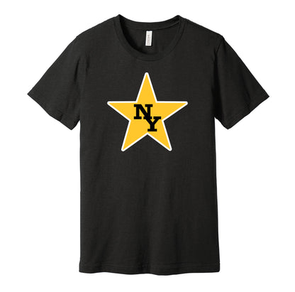 New York Stars vintage distressed logo black t-shirt featuring the classic 1970s WFL football team logo in a retro worn style by Hyper Than Hype Shirts.