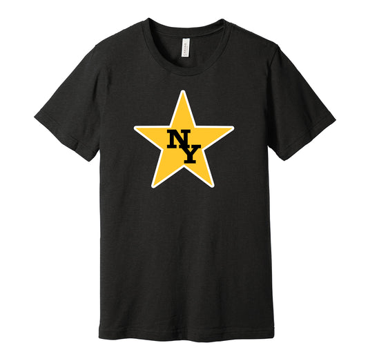 New York Stars vintage distressed logo black t-shirt featuring the classic 1970s WFL football team logo in a retro worn style by Hyper Than Hype Shirts.
