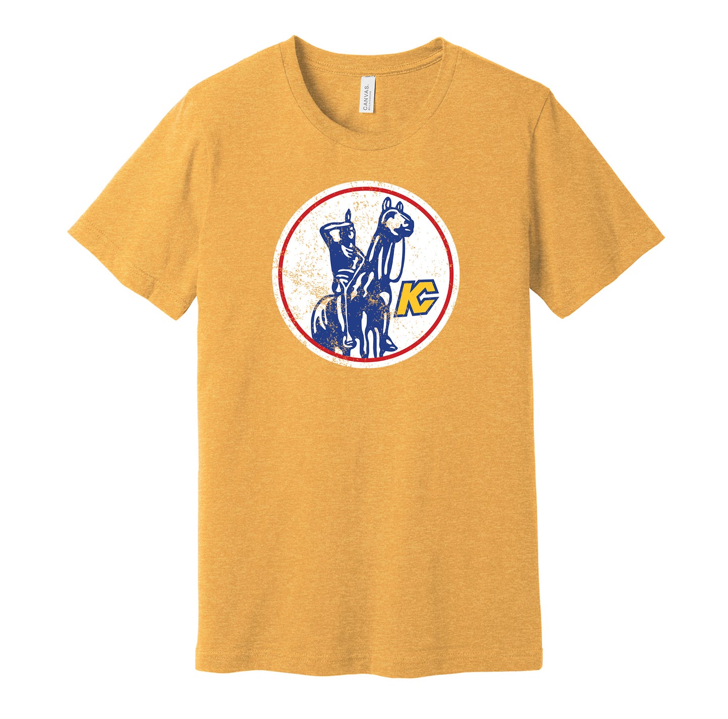 Kansas City Scouts vintage distressed logo gold t-shirt featuring the classic 1970s NHL hockey team logo in a retro worn style by Hyper Than Hype Shirts.