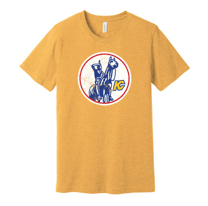 Kansas City Scouts vintage distressed logo gold t-shirt featuring the classic 1970s NHL hockey team logo in a retro worn style by Hyper Than Hype Shirts.