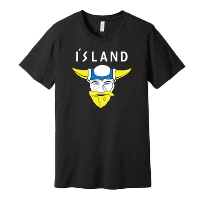 Team Iceland vintage logo black t-shirt featuring the classic D2 The Mighty Ducks movie hockey team logo in a retro style by Hyper Than Hype Shirts.