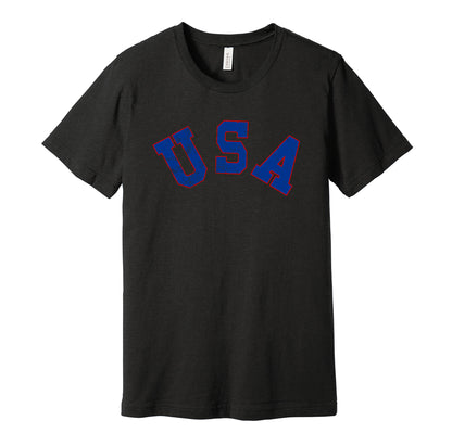 Team USA Hockey vintage distressed logo black t-shirt featuring the classic 1980s American Olympic hockey team logo in a retro worn style by Hyper Than Hype Shirts.
