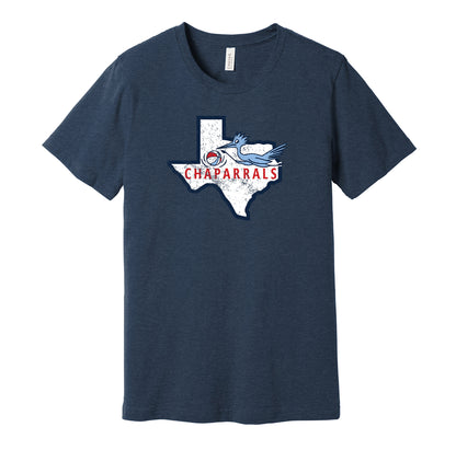 Dallas Chaparrals vintage distressed logo navy t-shirt featuring the classic ABA basketball team logo in a retro worn style by Hyper Than Hype Shirts.