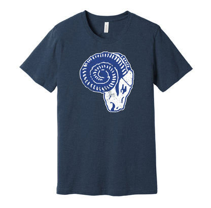 Cleveland Rams vintage distressed logo navy t-shirt featuring the classic 1930s NFL football team logo in a retro worn style by Hyper Than Hype Shirts.