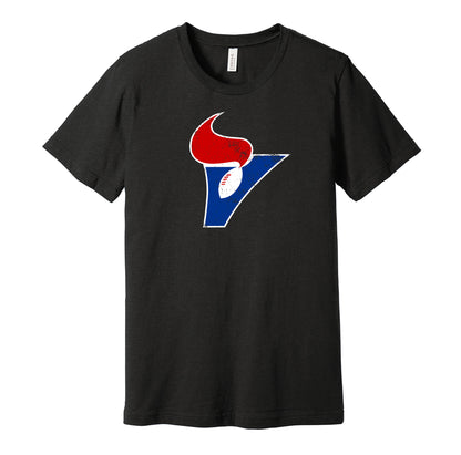 Birmingham Vulcans vintage distressed logo black t-shirt featuring the classic 1970s WFL football team logo in a retro worn style by Hyper Than Hype Shirts.