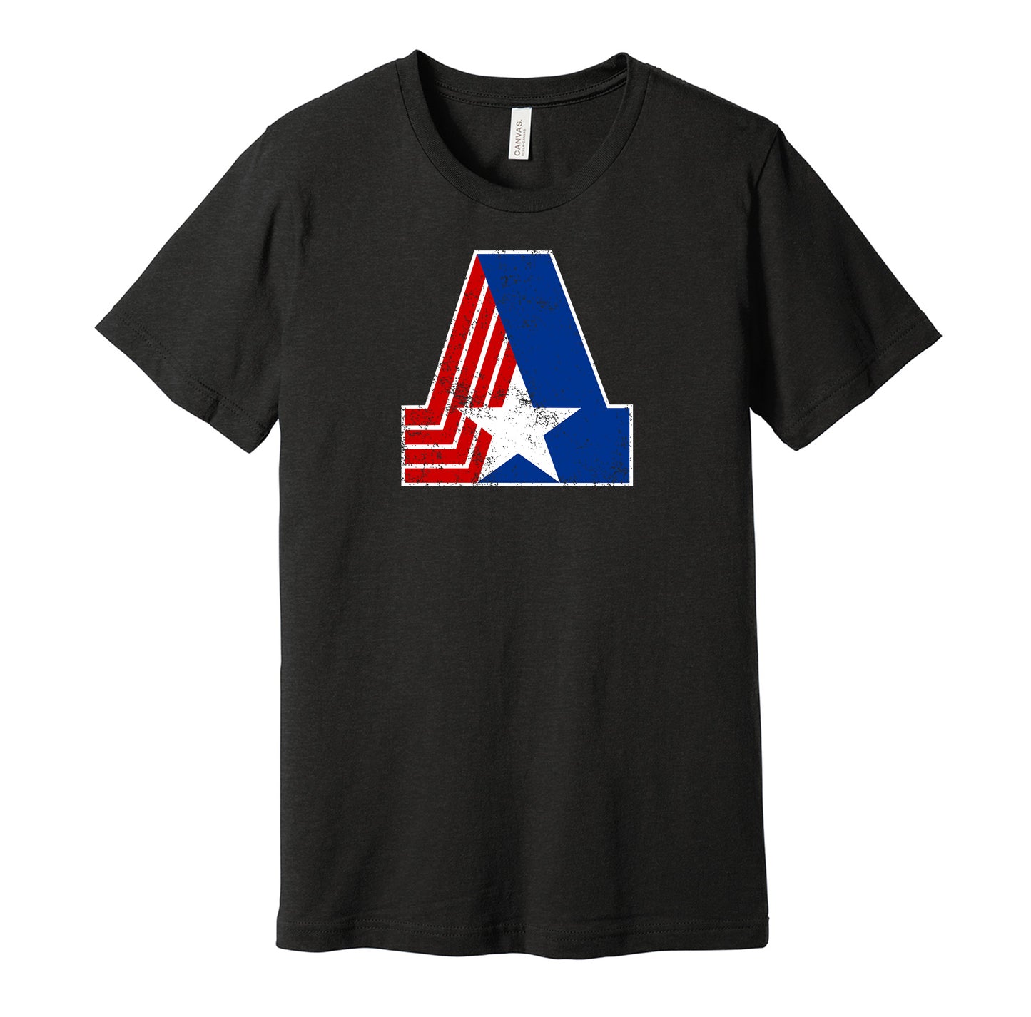 Birmingham Americans vintage distressed logo black t-shirt featuring the classic 1970s WFL football team logo in a retro worn style by Hyper Than Hype Shirts.