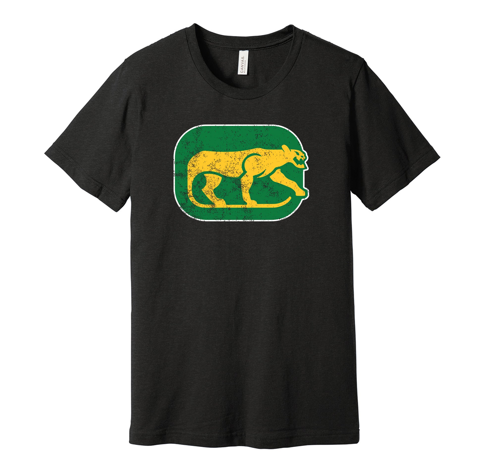 Chicago Cougars vintage distressed logo black t-shirt featuring the classic 1970s WHA hockey team logo in a retro worn style by Hyper Than Hype Shirts.