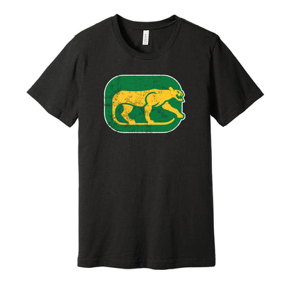 Chicago Cougars vintage distressed logo black t-shirt featuring the classic 1970s WHA hockey team logo in a retro worn style by Hyper Than Hype Shirts.