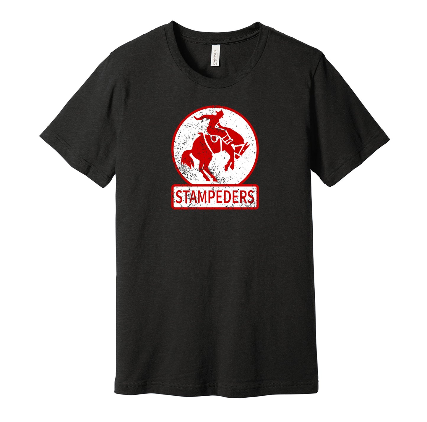 Calgary Stampeders vintage distressed logo black t-shirt featuring the classic hockey team logo in a retro worn style by Hyper Than Hype Shirts.