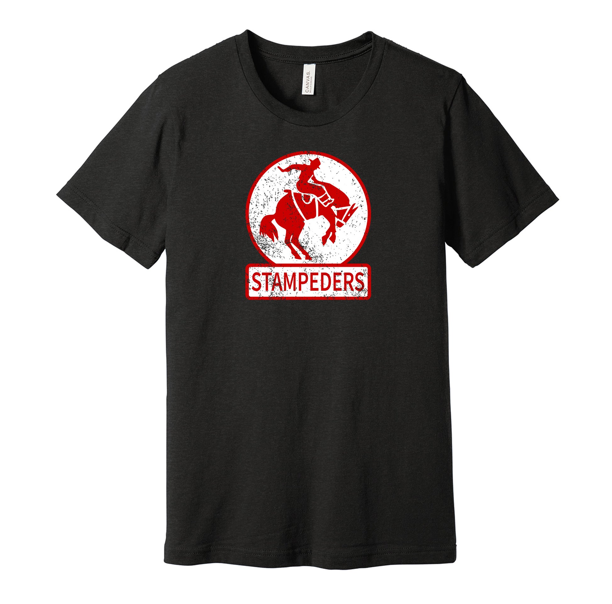 Calgary Stampeders vintage distressed logo black t-shirt featuring the classic hockey team logo in a retro worn style by Hyper Than Hype Shirts.