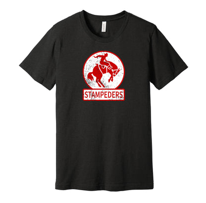 Calgary Stampeders vintage distressed logo black t-shirt featuring the classic hockey team logo in a retro worn style by Hyper Than Hype Shirts.