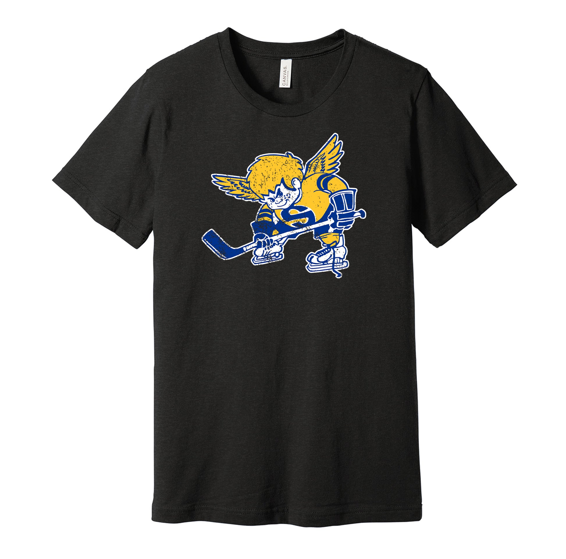 Minnesota Fighting Saints vintage distressed logo black t-shirt featuring the classic 1970s WHA hockey team cartoon logo in a retro worn style by Hyper Than Hype Shirts.