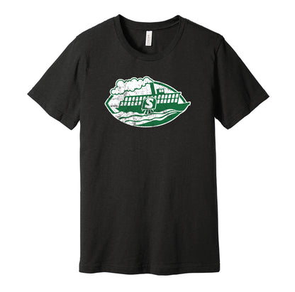 Shreveport Steamer vintage distressed logo black t-shirt featuring the classic 1970s WFL football team logo in a retro worn style by Hyper Than Hype Shirts.