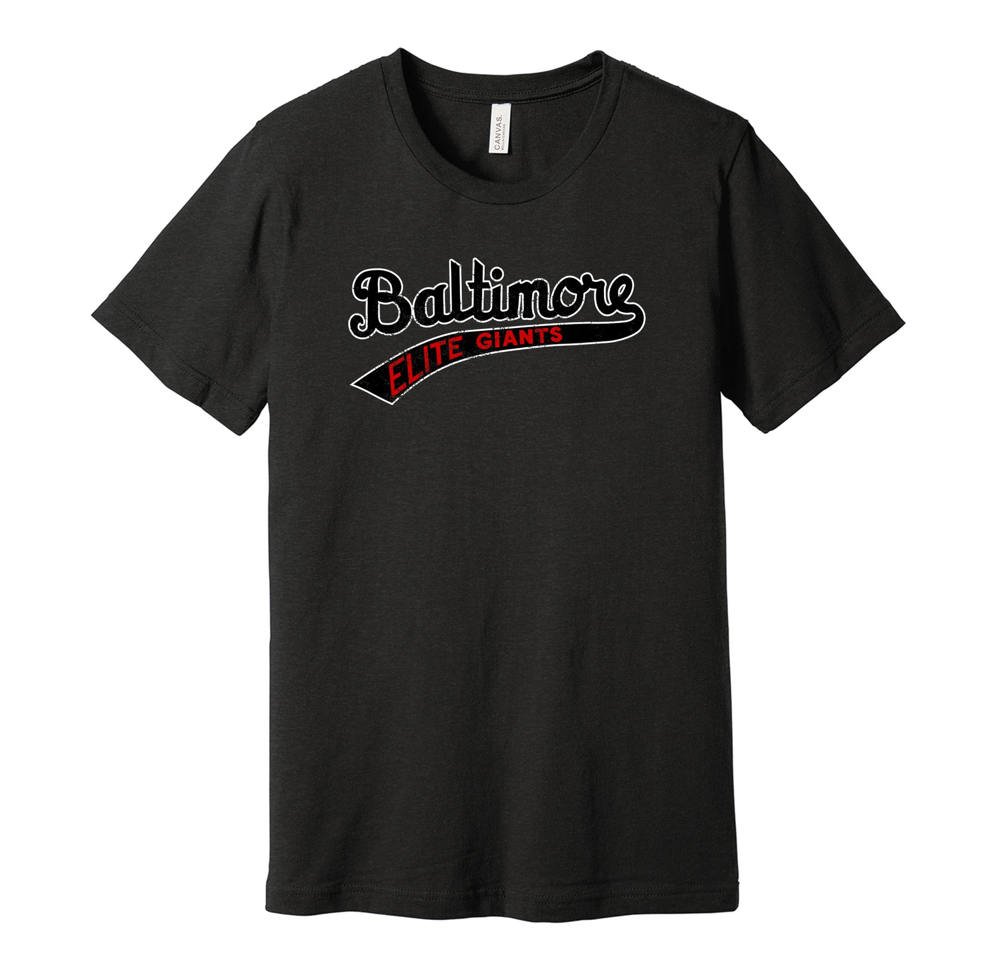 Baltimore Elite Giants vintage distressed logo black t-shirt featuring the classic Negro League baseball team logo in a retro worn style by Hyper Than Hype Shirts.