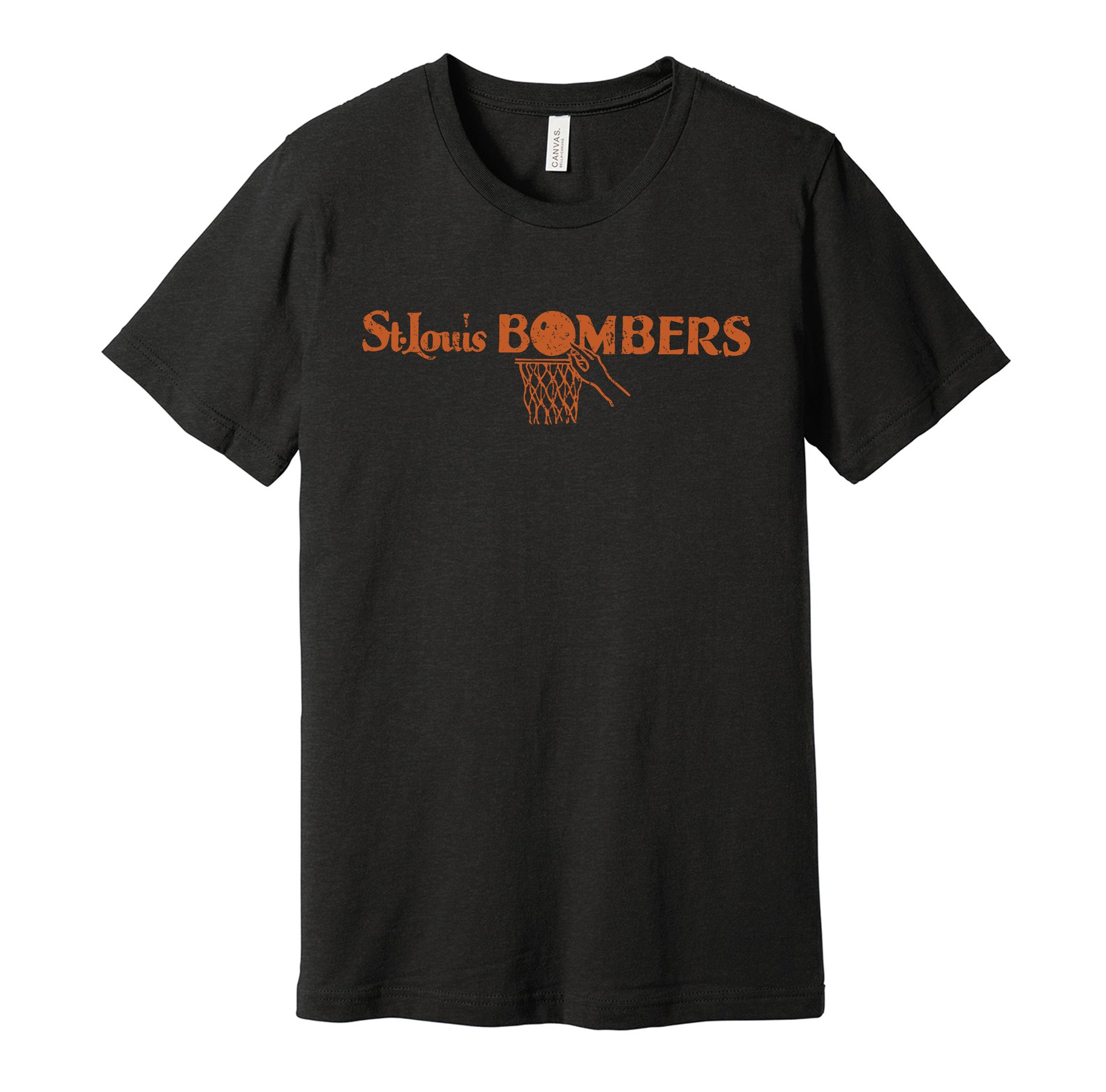 St. Louis Bombers vintage distressed logo black t-shirt featuring the classic 1940s BAA basketball team logo in a retro worn style by Hyper Than Hype Shirts.
