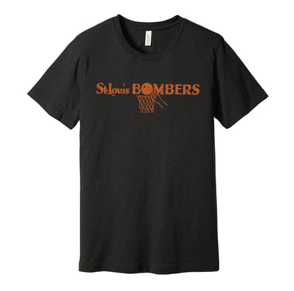 St. Louis Bombers vintage distressed logo black t-shirt featuring the classic 1940s BAA basketball team logo in a retro worn style by Hyper Than Hype Shirts.